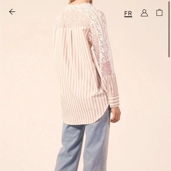 SANDRO I 1 (XS/S) lace and cotton button down shirt I tan and white stripes - Picture 2 of 11